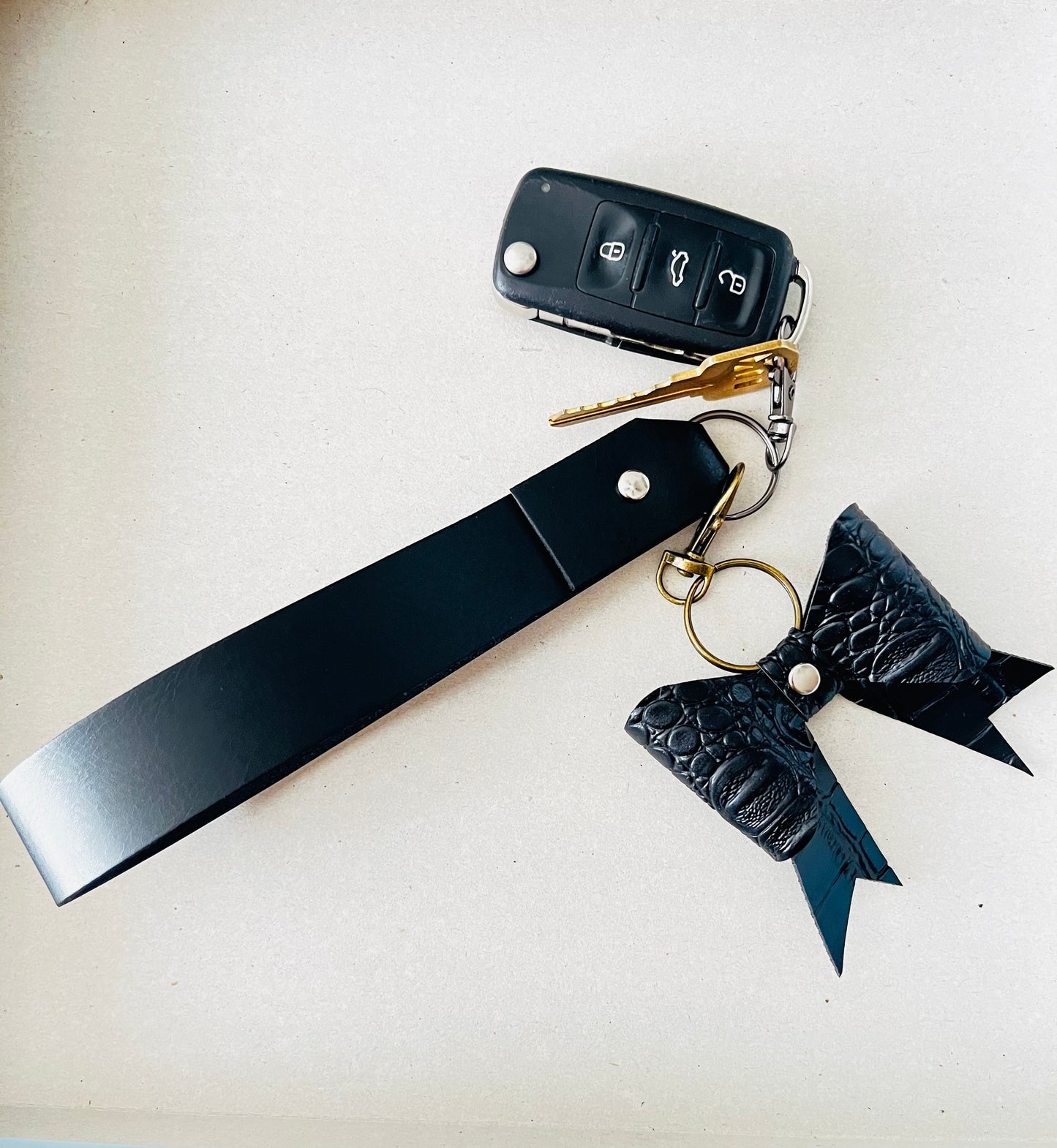 Glam Grip: Black Leather Keychain with Snap Hook”
