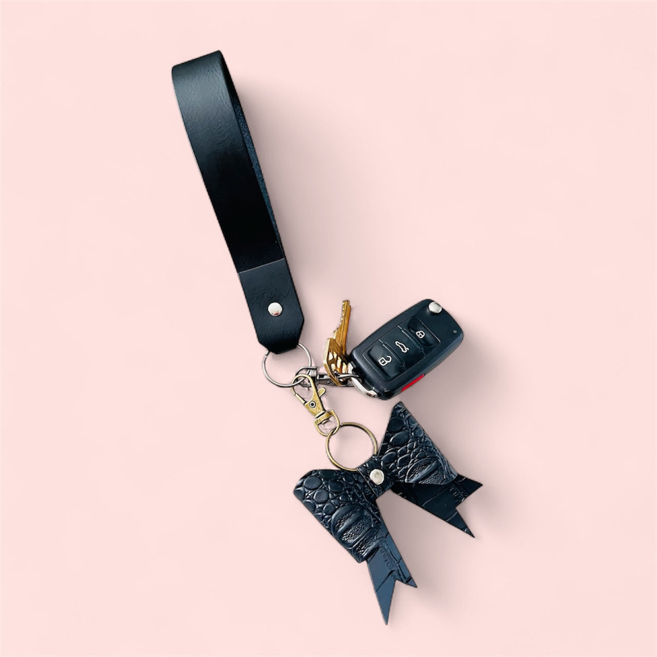 Glam Grip: Black Leather Keychain with Snap Hook”
